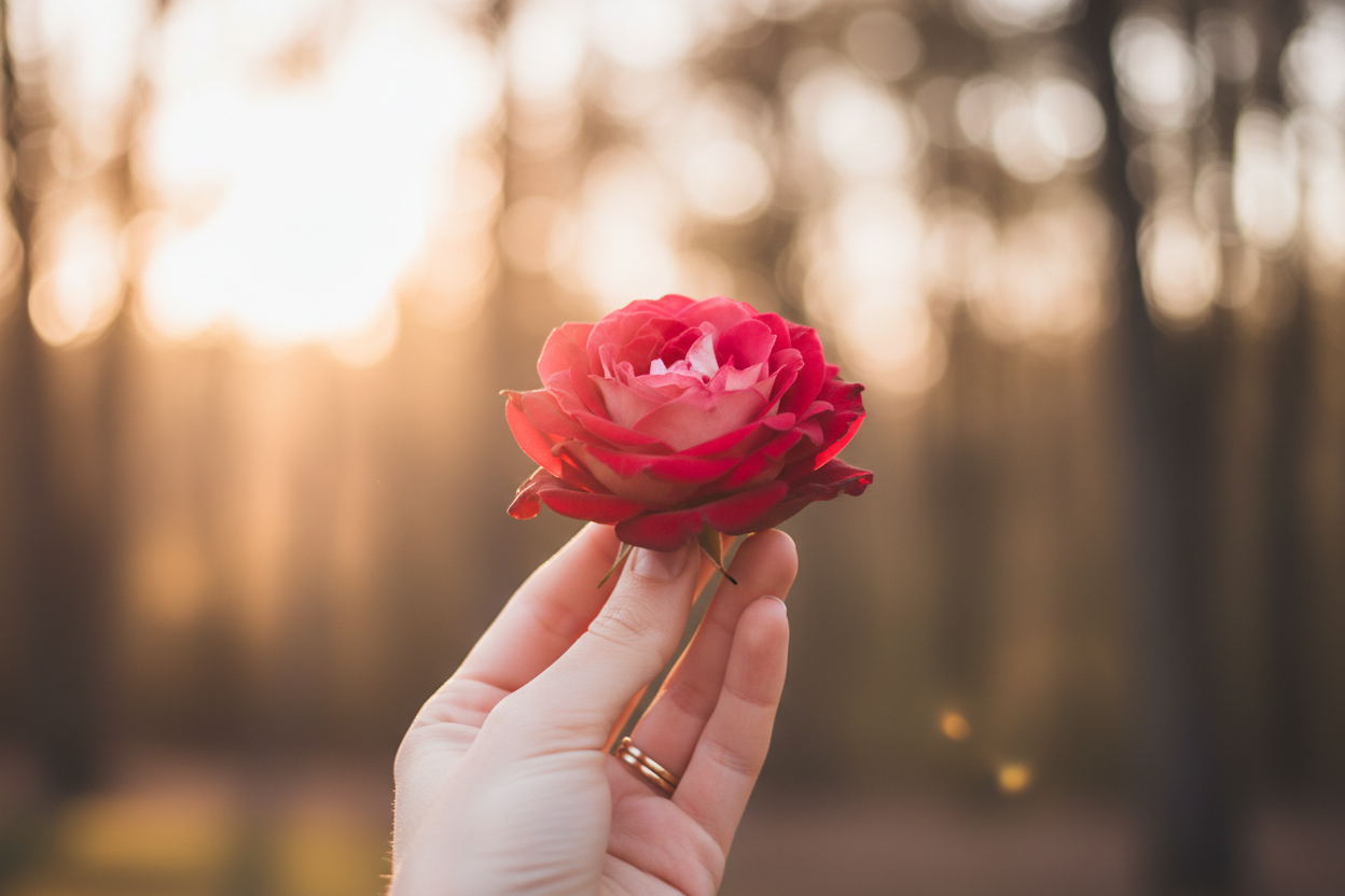 Une image avec une un main tendu tenant une rose avec un fond floue